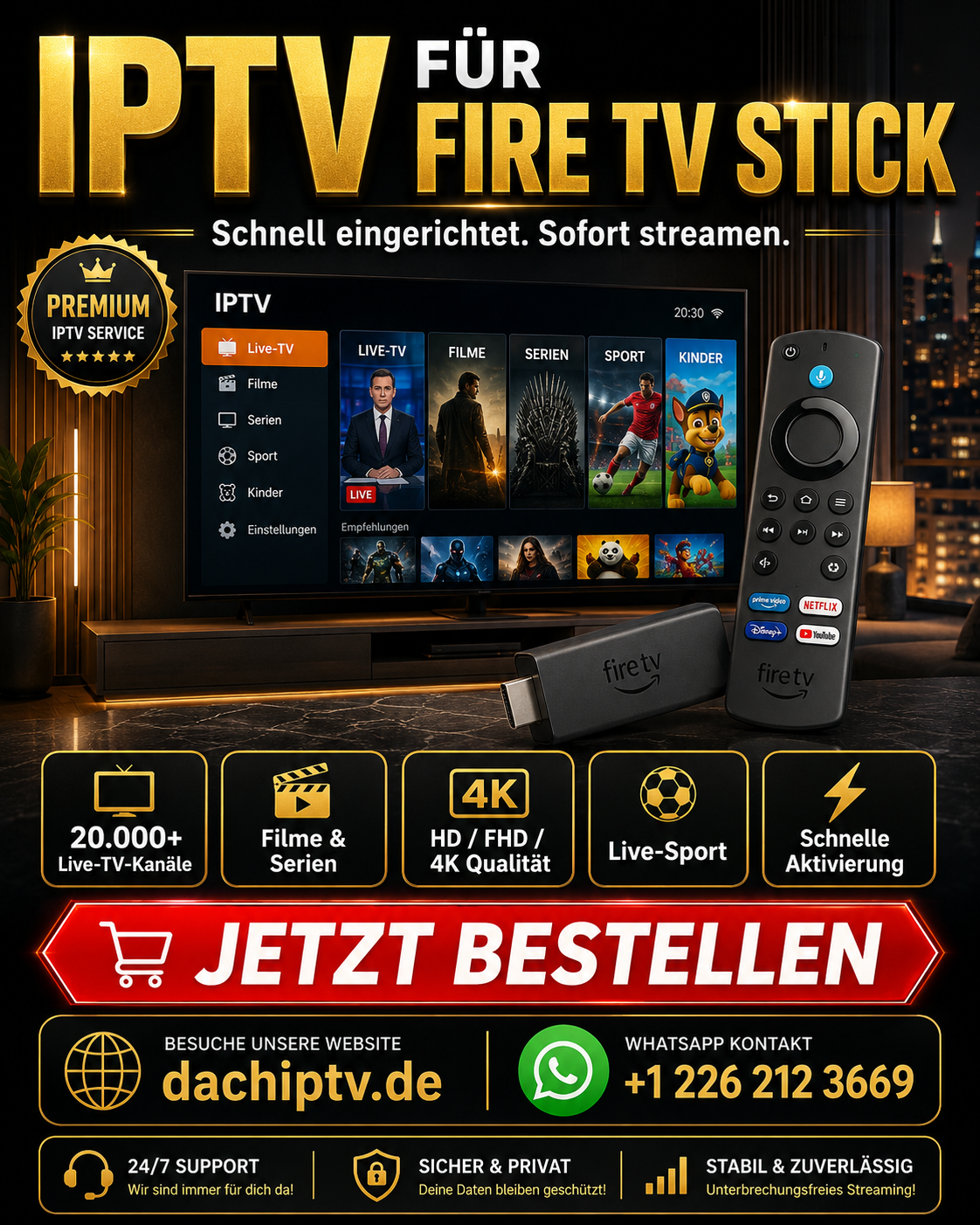Person richtet IPTV Fire TV Stick am Fernseher ein